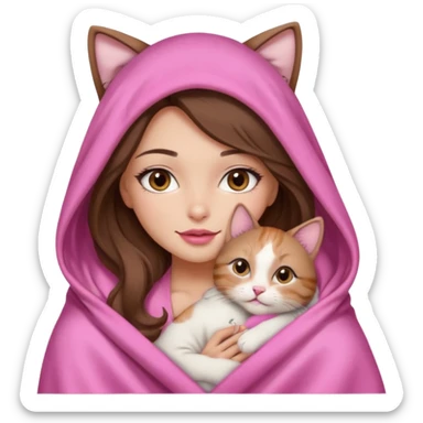 girl with long wavy brown hair, brown eyes, long lashes makeup, sexy pink lips, light to medium complexion, wearing a pink sexy silk top, big blanket over the head cozy holding a cat sticker