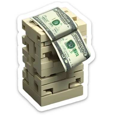 A LEGO PIECE WITH SOME MONEY BEHINF sticker