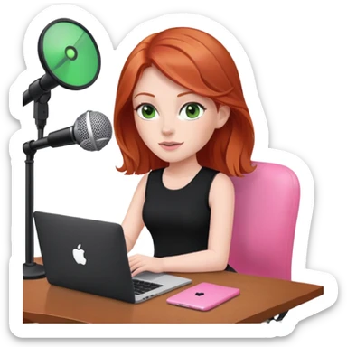 Redhead with green eyes sat at desk with pink MacBook and  podcast microphone black top and pink chair  sticker