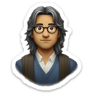 A Brazilian man nerd with a mystical Japanese vibe, wearing round glasses and medium-length hair with bangs. The character should have a thoughtful or intelligent expression, reflecting a fusion of Brazilian and Japanese culture. sticker