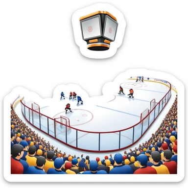 Please, make An icon featuring The background shows a packed stadium with cheering fans, bright arena lights, and an icy rink and close-up shots of key hockey equipment: a hockey stick, puck, and skates. Transparent background highlights the essentials of the game and the thrill of the sport. sticker
