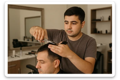 shu odamni sartaroshxonada mijozlarni sochini olayotganin  tasvirlab ber juda yosh ham katta ham bo'lmasin semiz ham bo'lib ketmasin o'smirin davrini sticker