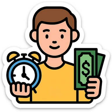 A man with short brown hair holding an alarm clock and money sticker