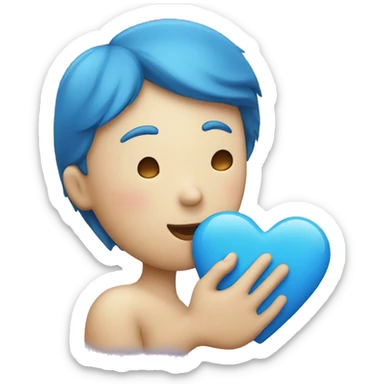 a person giving a kiss with a blue heart sticker