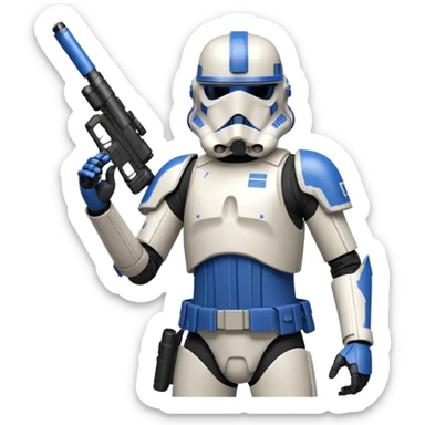 A starwars 501st clonetrooper with rally makes on the helmet holding his blaster in his left hand aiming the gun up with elbow bent so it’s not above the head sticker