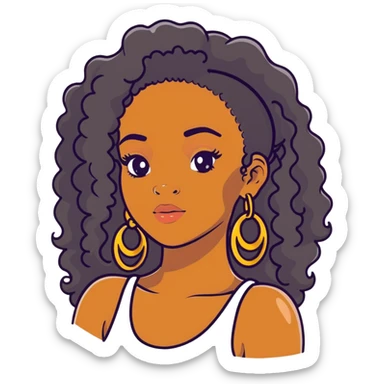 pretty black girl with long curly hair wearing gold hoop earrings and accessories sticker