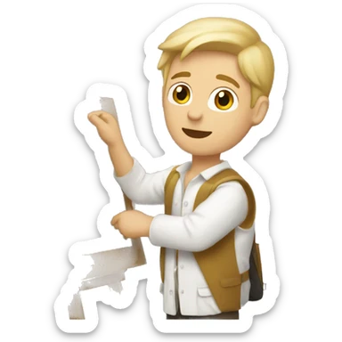a guy with short blond hair and dressed like a painter holding a painting sticker