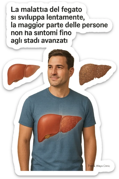 "Healthy-looking man unaware that liver disease develops slowly with most people having no symptoms until late stage A sexually transmitted infection caused by a parasite-Trichomoniasis - Symptoms & causes - Mayo Clinic, expression of false confidence in his health, transparent liver overlay showing progressive damage despite feeling normal, time-lapse visualization of gradual liver deterioration in italiano sticker