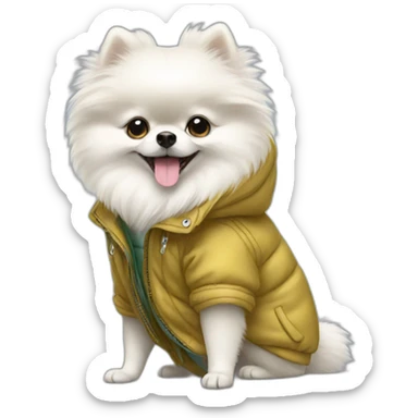White pomeranian with jacket sticker