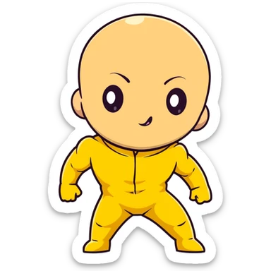 Saitama with blank face from One Punch Man, plain expression, bald head, simple round eyes, yellow hero suit, comical anime look sticker