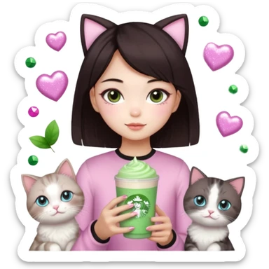 asian girl with short dark brown hair with a soft girl pink glowup aesthetic. matcha latte sparkles girly things, 2 ragdoll cats, skincare, makeup, money, luxury sticker