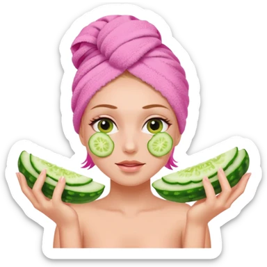 Girl with pink towel in hair cucumber slices on eyes  spa sticker