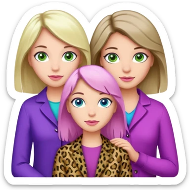 I want a brunette girl who really likes pink and leopard print, another blonde with blue eyes who likes blue, and another with light brown hair, green eyes, and purple and green colors. All together.   sticker