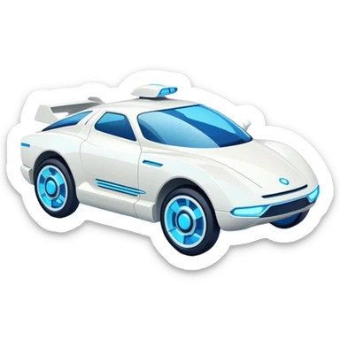 Futuristic retro hover white car with angular design and glowing blue wheels, flat vector style, minimal color palette with blue highlights sticker