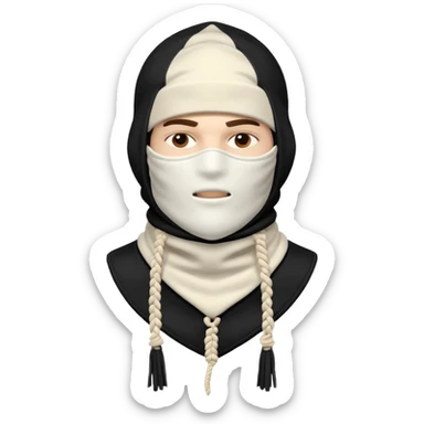 Deconstructed off-white balaclava with frayed layers, rope tassels, subtle embroidery. Studio photo, white bg, soft light. Streetwear luxury style.
 sticker