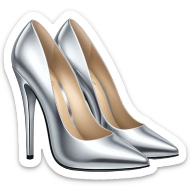 A pair of high heel shoes emoji made of polished silver chrome, elegant sharp silhouette, smooth metallic surface, glossy reflections, luxury sexy vibe, minimalistic iOS emoji style, centered, clean white background sticker