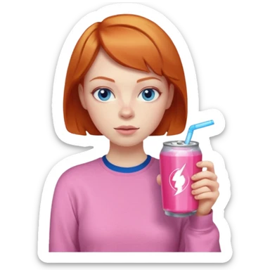 ginger woman short hair, pink shirt, sipping energy drink blue eyes cosy  sticker