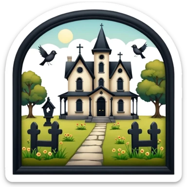 Adams Family style Romantically overgrown Haunting graveyard field Victorian mansion birdhouse  sticker