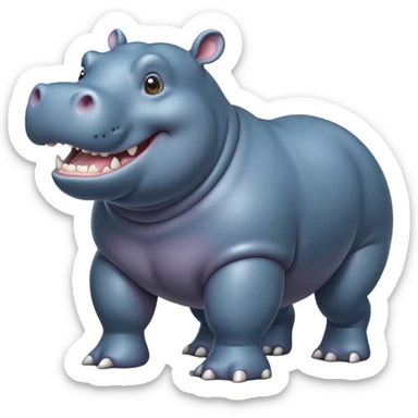 cinematic-hippo-realistic-full-body-side-view-standing-on-all-fours-emoji,-massive-round-frame,-wide-mouthed-grin-exposing-huge-teeth,-head-tilted-dramatically,-thick-greyish blue-hide-glossy, big cute eyes sticker