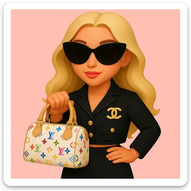 Remove all jewelry, make her lips a lighter pink, adjust her skin tone to be slightly more tan, and change the Louis Vuitton bag to a Speedy 30 Multicolore in white with rainbow monogram. Keep the pink background and sunglasses. sticker