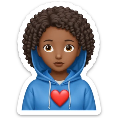 girl with dark skin short curly hair blue hoodie heart and Jesus symbol sticker