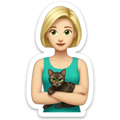 Blonde woman with short hair and blue green eyes with her dark tortoise shell cat sticker