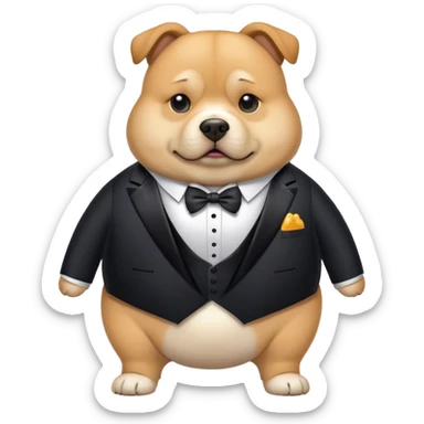 fat dog wearing a reflective tuxedo sticker