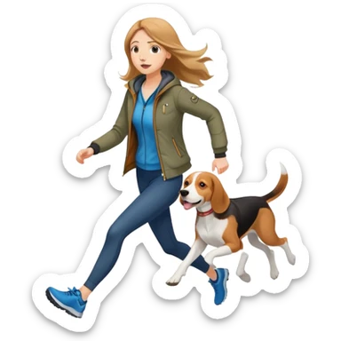 A beautiful tall girl with fair skin and long hair wearing a jacket and running with a beagle sticker