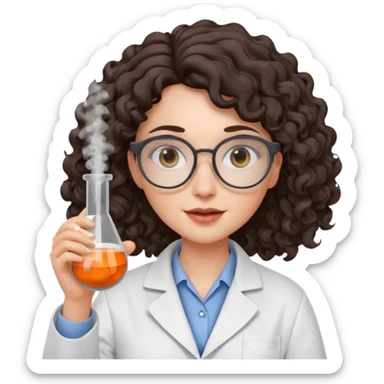 A crazy female scientist, with curly dark brown hair, brown eyes and grey glasses and pale skin  sticker
