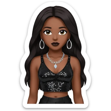 Aaliyah with black sequin crop top and pants, long dark brown hair sticker