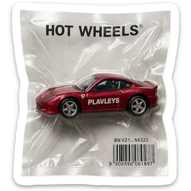 burgundy Hot Wheels Ferrari toy car with 'PLAVLEYS' lettering on the body, shiny and inflated, vacuum-sealed style sticker