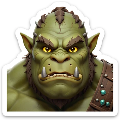 Cinematic Noble Ogre Portrait Emoji, Majestic and imposing, with a rugged, muscular form in deep earthy greens and browns, adorned with battle scars and subtle tribal markings, exuding calm, noble strength and unexpected wisdom, simplified yet strikingly detailed, glowing with a shadowy outline that captures the essence of a gentle giant with fierce heart! sticker