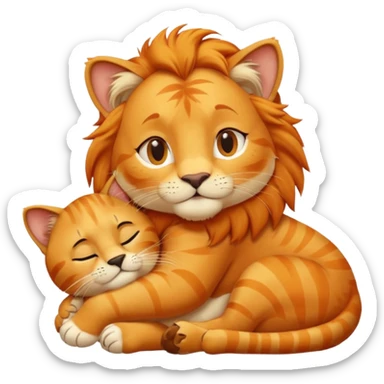 Animal Gata masajeando con la mano derecha la cabeza de un león  sticker