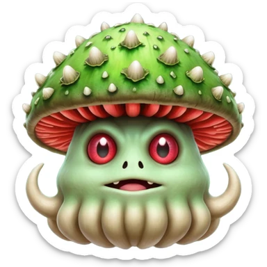 poisonous mushroom king monster portrait, head and shoulders only, giant toxic mushroom crown head, glowing green spore aura, animal-like eyes, thick fungal body texture, 3D cartoon, mobile game icon style, clean background, no text, no watermark

 sticker
