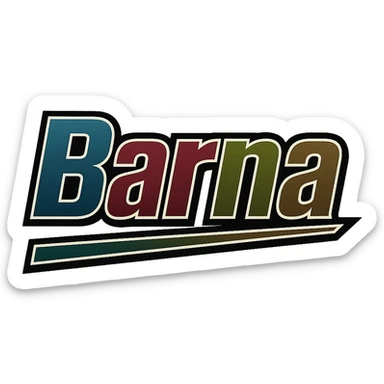Text design of the name 'Barna' in a masculine, modern, gradient font with dark contour and thin white edging, dynamic slanted underline, masculine color shades including blue, gray, burgundy, green, and brown, 1000x1000 px, PNG, transparent background, in the style of the uploaded Attila sample. sticker