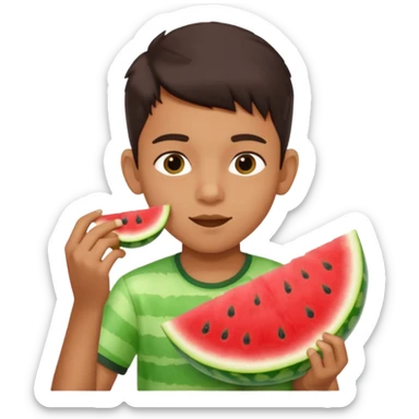 a watermelon with a indian 13 yearold boy who is a little fat eating it sticker