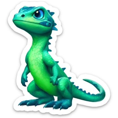 A Cyan Shiny Glossy Anthro-Scalie-Lizard-Reptile-Salamandrian-Fakémon with dark-blue patterns and light-green belly Full Body sticker