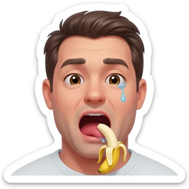 thirty year old guy with mouth wide open and lips around the tip of a peeled banana  drooling from one side of his mouth and and tear in one eye sticker