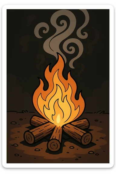 Add a dark background behind the campfire, keep the fire and smoke forming subtle hypnotic patterns, no people, straightforward style. sticker
