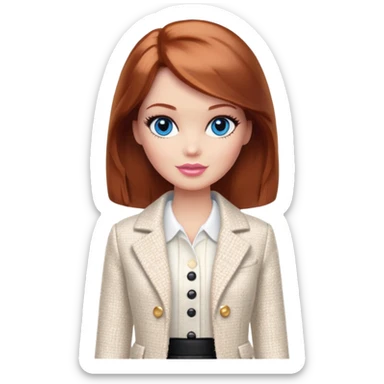A Barbie girl with blue eyes, shoulder-length reddish-brown hair with makeup, wearing a white tweed jacket and a black skirt stands with cream sticker