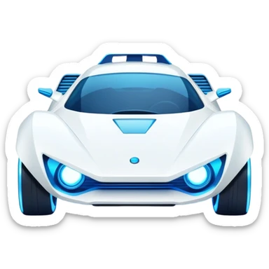 Futuristic retro hover white car with sharp angular design and glowing blue wheels, front view, flat vector style, minimal color palette with subtle blue highlights sticker