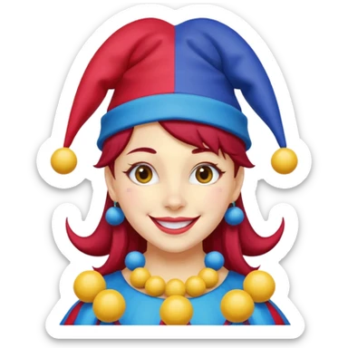 Girl with red and blue jester hat with yellow balls on the ends of the jester hat smiling with rosy cheeks and dark hair sticker
