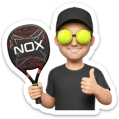 make a circular imogi of man with NOX padel bat with tennis balls forming glasses and wearing a cap with black  top make circular with thumbs up sticker