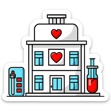 Modern medical clinic building with red cross symbol, test tubes, and heart icon sticker