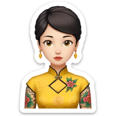 ancient woman with tatooed on neck and yellow cheongsam sticker