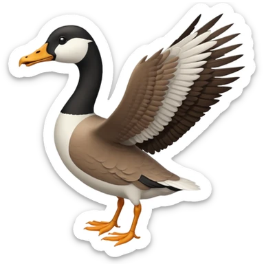 wild goose in flight, with black neck, black feet, brown wings, black-and-white head, white belly sticker