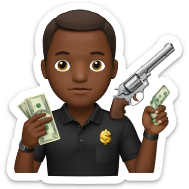 franklin saint from snowfall perhaps holding money and gun but he is with a black polo shirt sticker