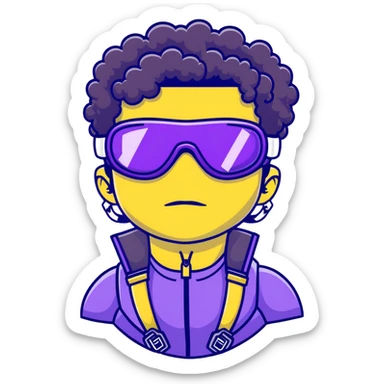 male athlete with white skin and moderately curly black hair on top with shaved sides, wearing ski goggles with purple frames and very dark black lenses, a simple plain black chain necklace, and a completely unzipped/wide open shiny purple vest fully revealing his chest and abs, no earrings sticker