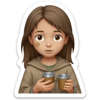 little beggar girl character, chest-up portrait, loose slightly messy hair, worn and oversized clothes in neutral earth tones, tired but gentle eyes, subtle dirt marks on face, holding small metal cups for coins, humble and innocent expression sticker