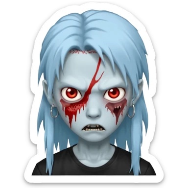  3D emoji-style avatar with very pale blue-grey zombie skin , a young Asian face, and large eyes with blood tears. Give it white litle bit messy long mullet hair style , silver hoop earrings, and a plain black T-shirt. The face expression should be slightly angry, with vampire fang sticker